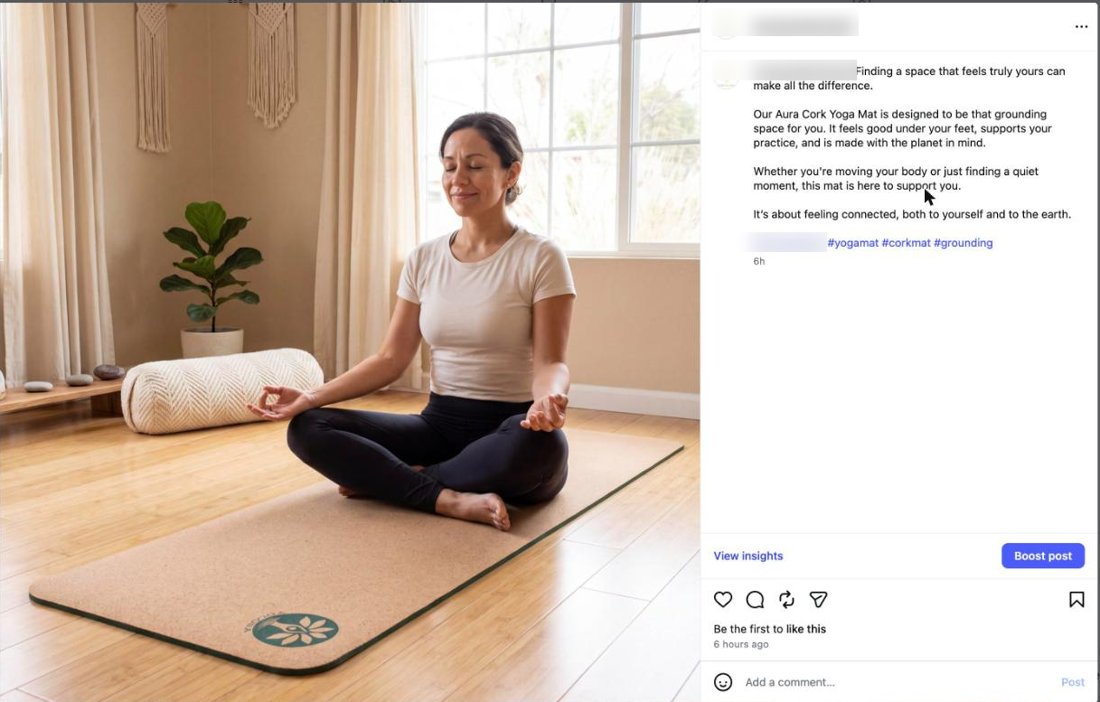 Published post: a woman meditating on a cork yoga mat, with its caption