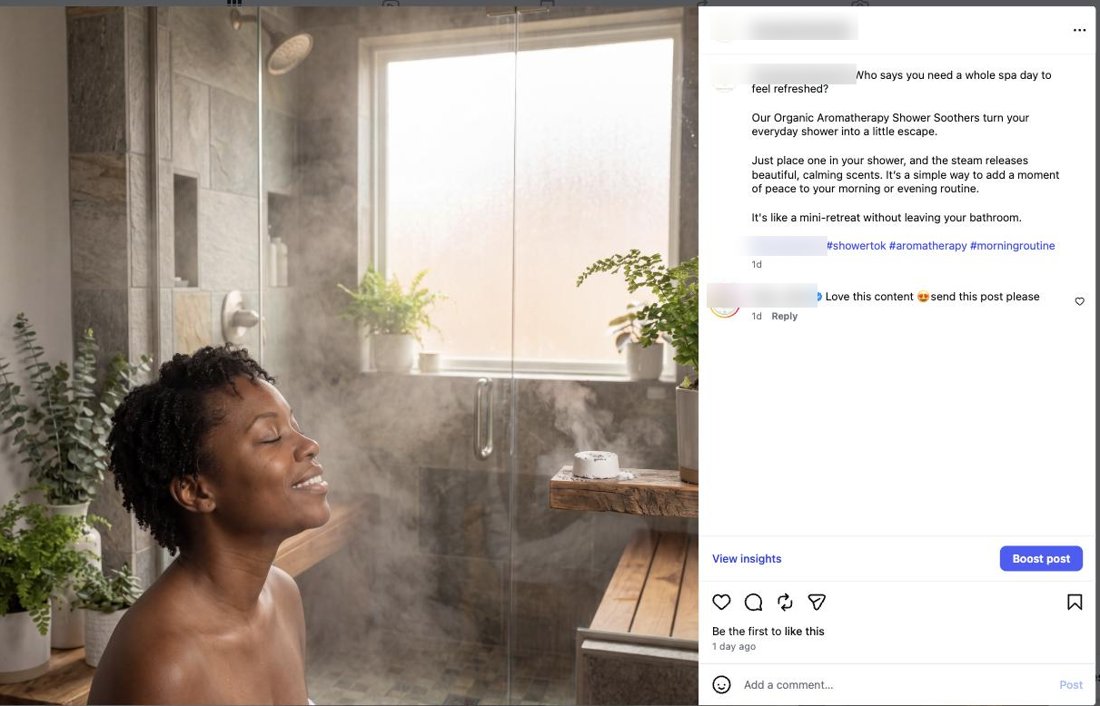 Published post: a steam-filled bathroom, with its caption