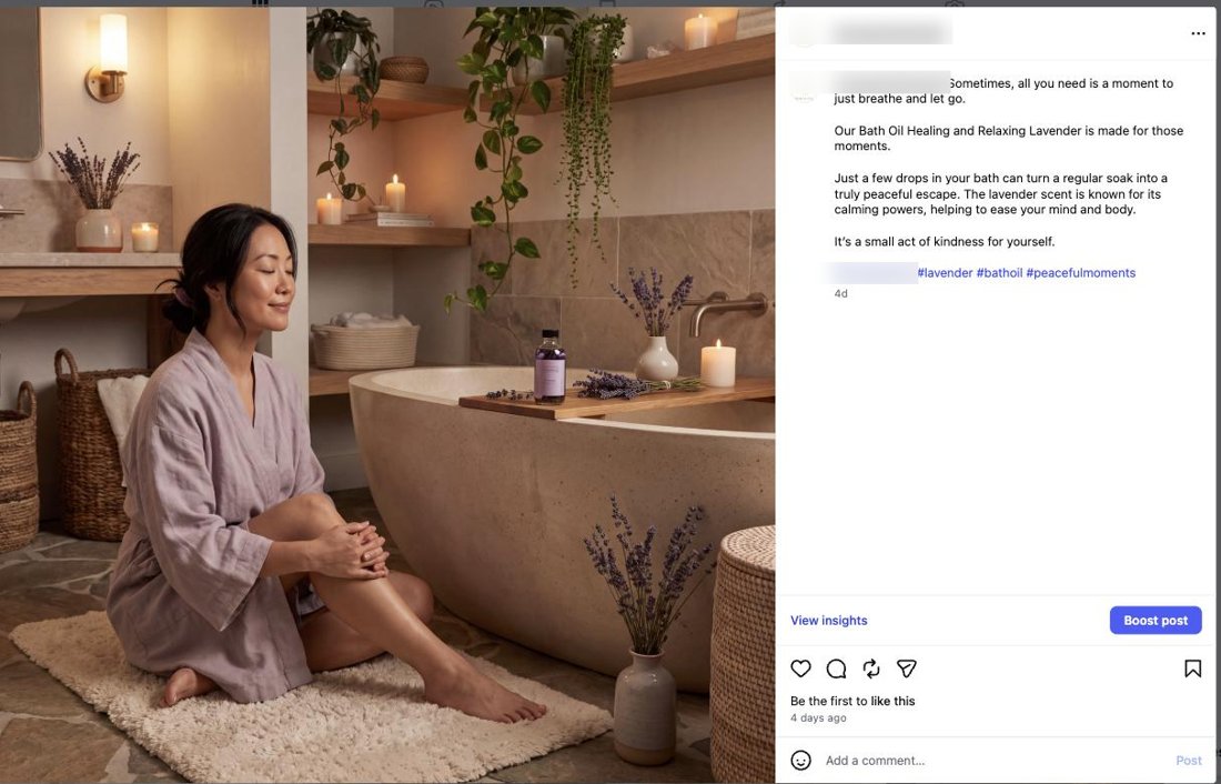 Published post: a bath with candles and lavender, with its caption